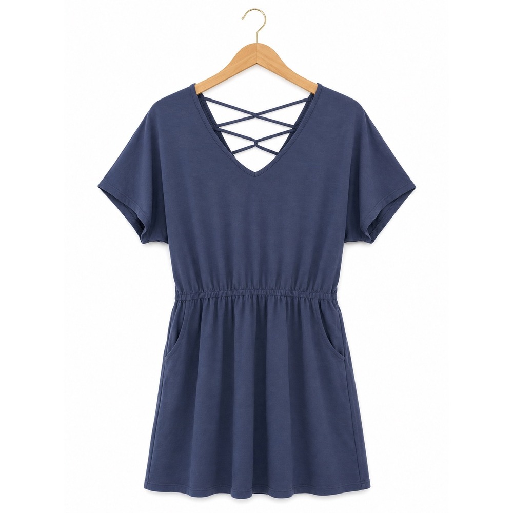 Farylrobin Modal Dress Womens M Blue Criss Cross Back Pockets V Neck Casual